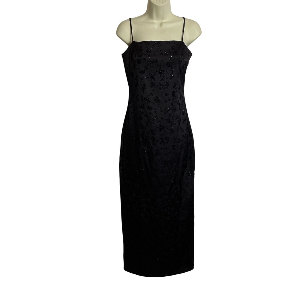 Vintage Byer Too Size 4-6 Black Glitter Floral Maxi Dress 90s Y2K Whimsigoth